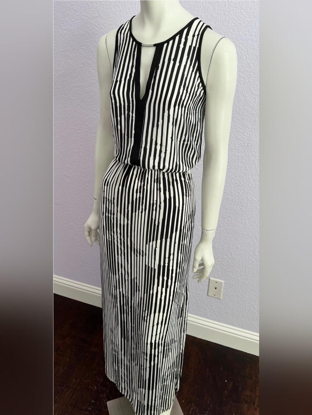White House Black Market Black and White Vertical Stripe Maxi Dress
